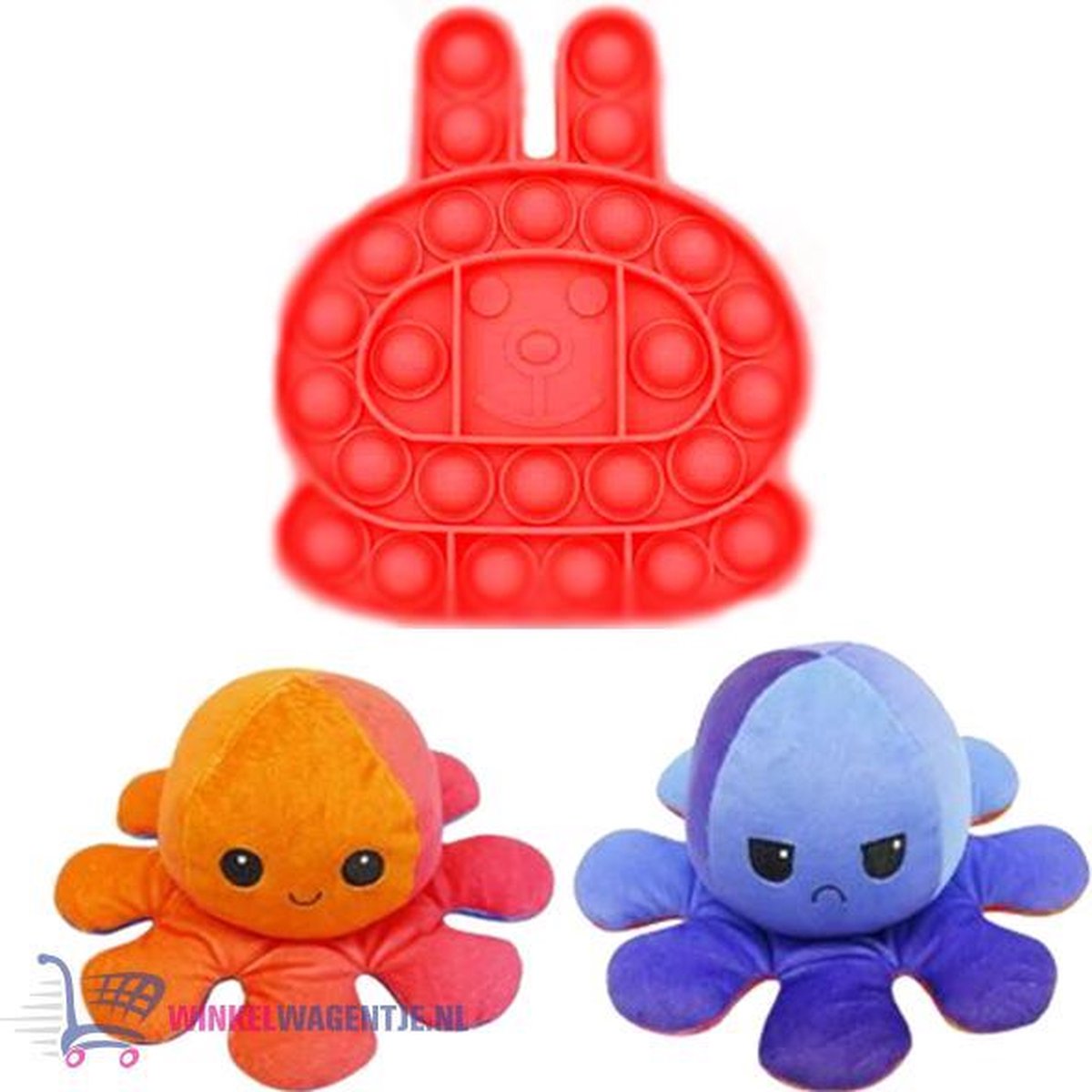 Pop It Fidget Toy (Konijn Rood) + Octopus Mood Knuffel (Oranje/Blauw)  | pop it fidget toy goedkoop, fidget toy, fidget toys pakket, fidget toys pop it, fidget toys stressbal, speelgoed voor kinderen, TikTok